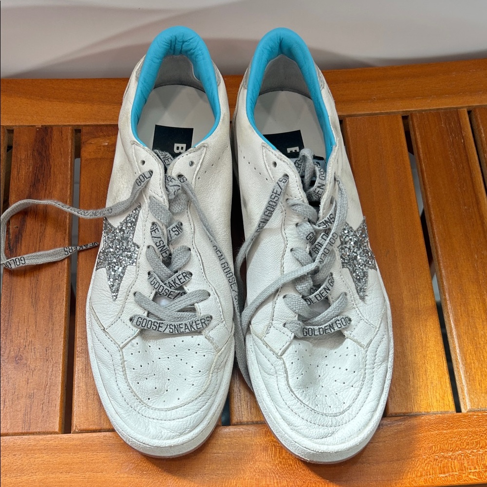 Golden Goose White and Gray Sneakers with Blue Lining
